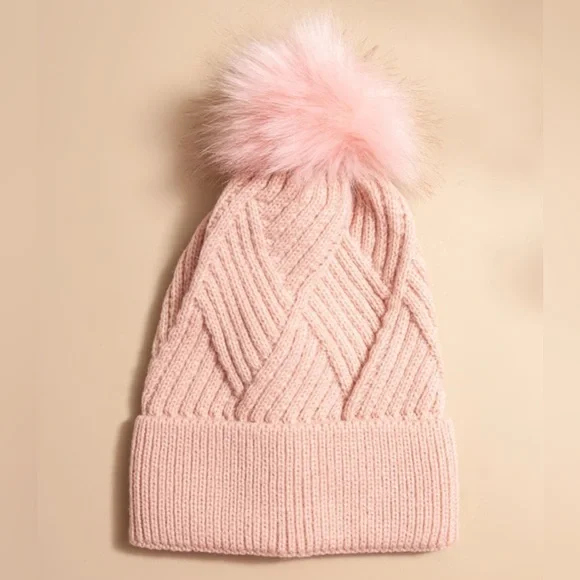 New Francesca’s Kristen Cuffed Faux Fur Pink Pom Beanie Hat - Picture 2 of 4